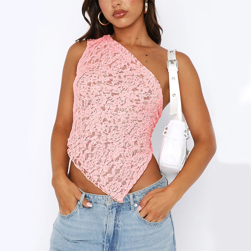 Ins Lace Backless Top Summer Solid Color Waistless Asymmetrical