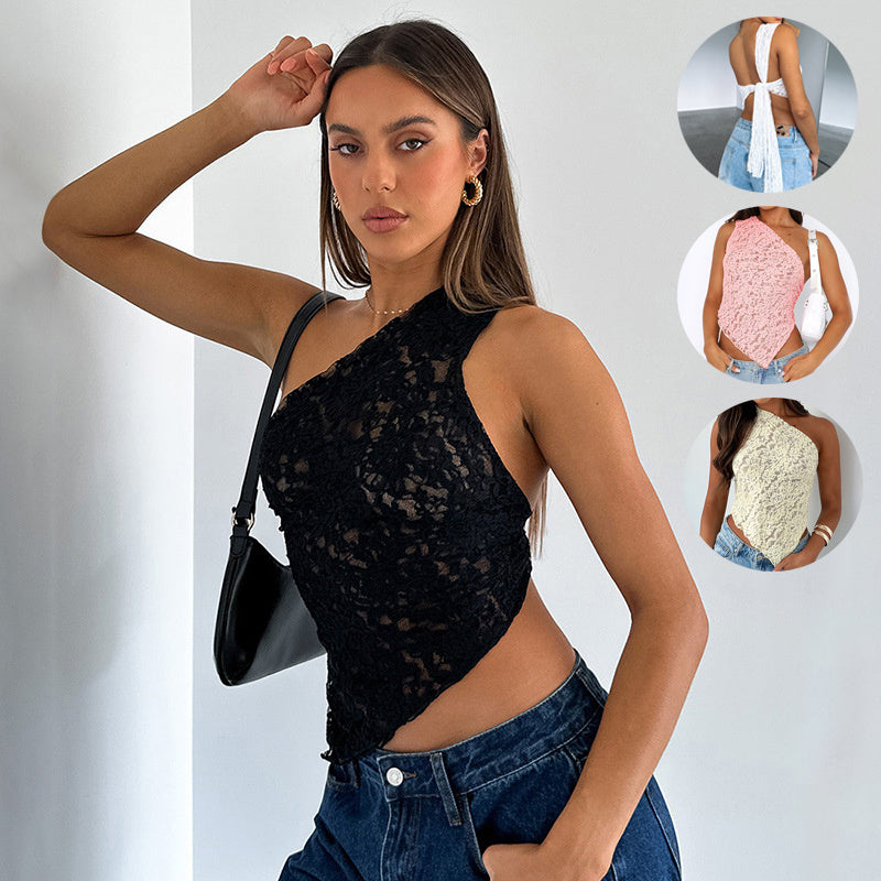 Ins Lace Backless Top Summer Solid Color Waistless Asymmetrical