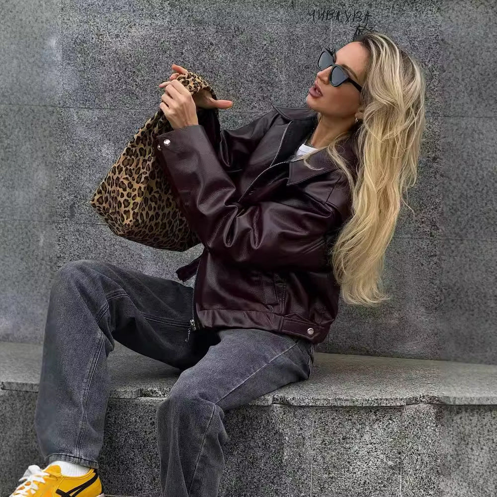 Casual Long Sleeve Leather Coat Tops Women Clothing