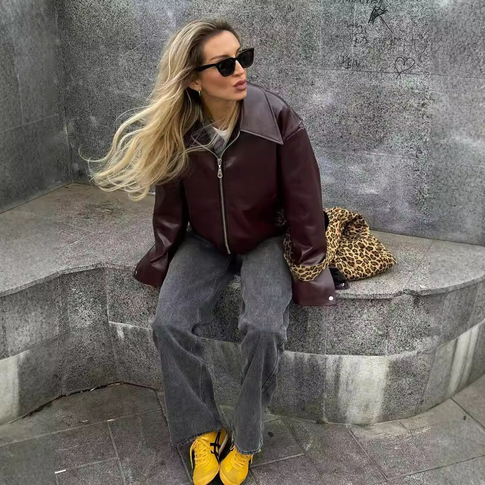 Casual Long Sleeve Leather Coat Tops Women Clothing