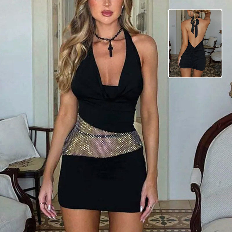 Sexy Slim Deep U-neck Dress With Sequin Mesh