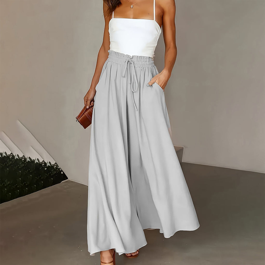Plus Size Wide Leg Pants - Stylish Solid Paper Bag Waist Design