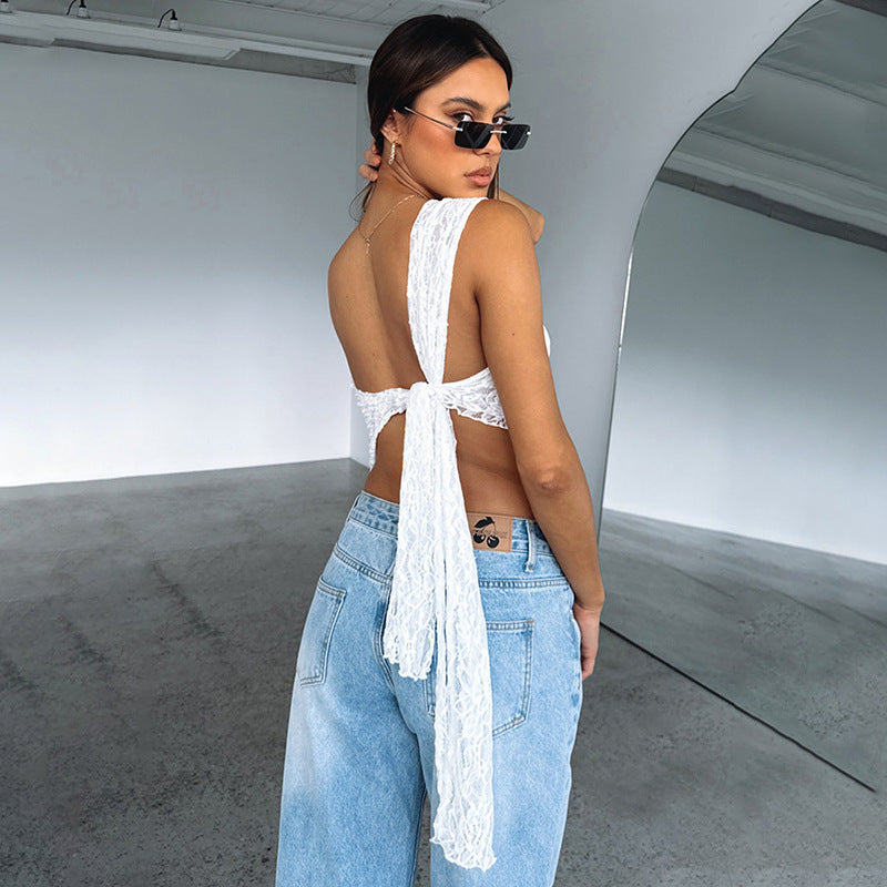 Ins Lace Backless Top Summer Solid Color Waistless Asymmetrical