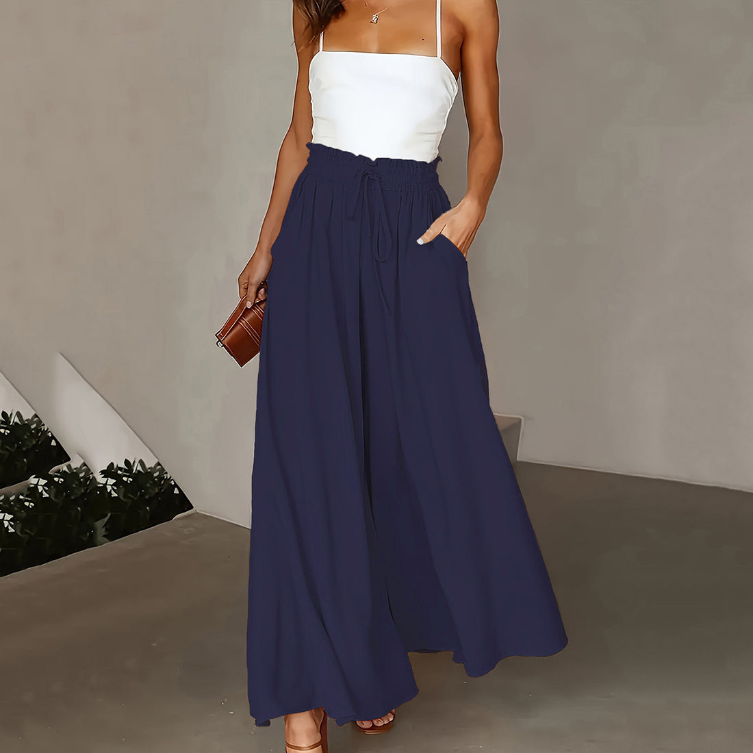 Plus Size Wide Leg Pants - Stylish Solid Paper Bag Waist Design