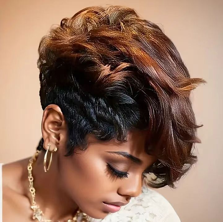 Short Black Non-toxic Wig, Mixed With Brown Bangs, Natural Short Hair