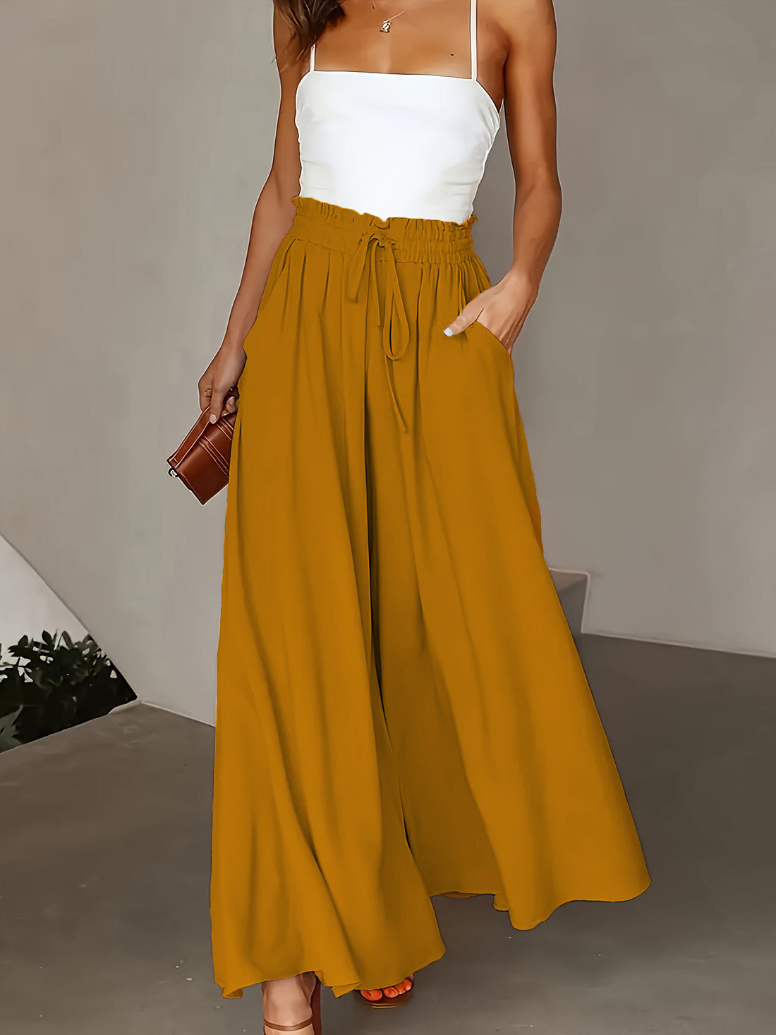 Plus Size Wide Leg Pants - Stylish Solid Paper Bag Waist Design