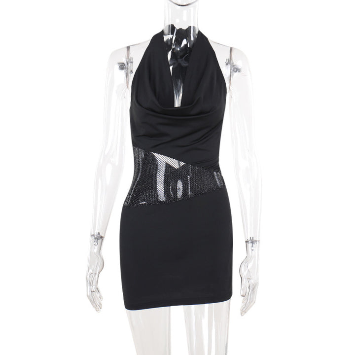 Sexy Slim Deep U-neck Dress With Sequin Mesh