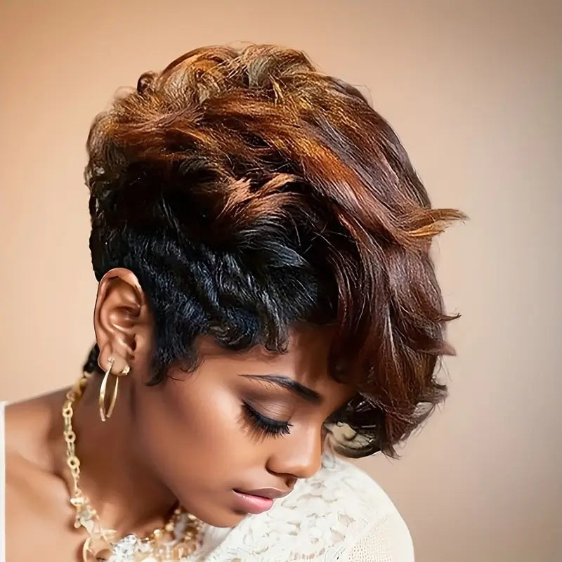 Short Black Non-toxic Wig, Mixed With Brown Bangs, Natural Short Hair