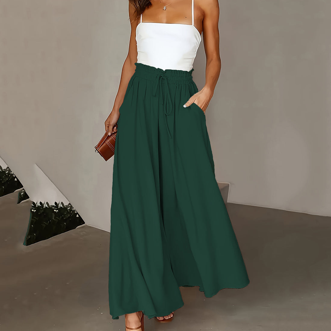 Plus Size Wide Leg Pants - Stylish Solid Paper Bag Waist Design