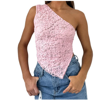 Ins Lace Backless Top Summer Solid Color Waistless Asymmetrical