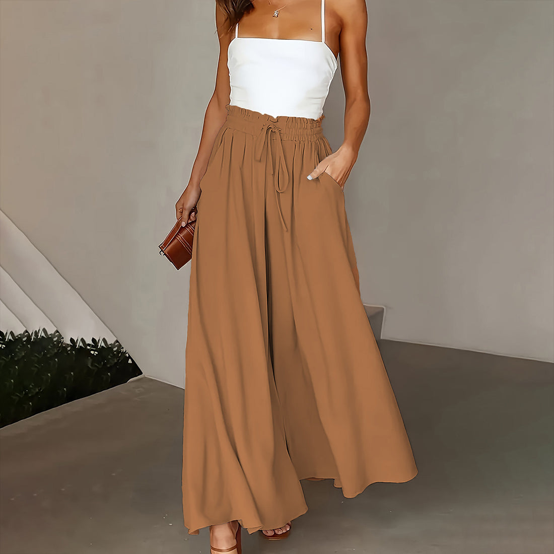 Plus Size Wide Leg Pants - Stylish Solid Paper Bag Waist Design
