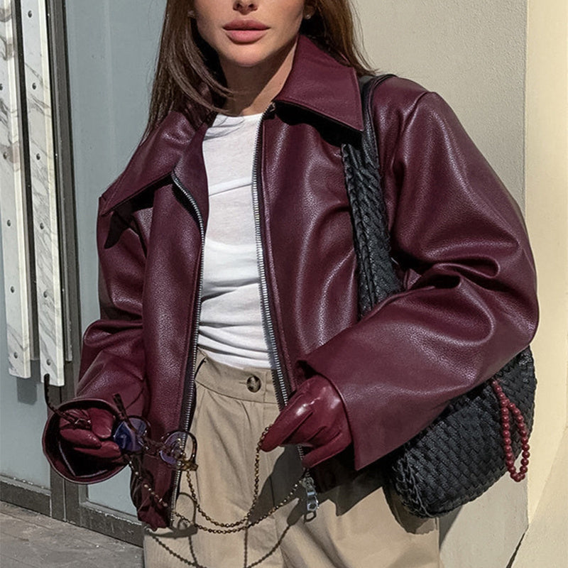 Casual Long Sleeve Leather Coat Tops Women Clothing