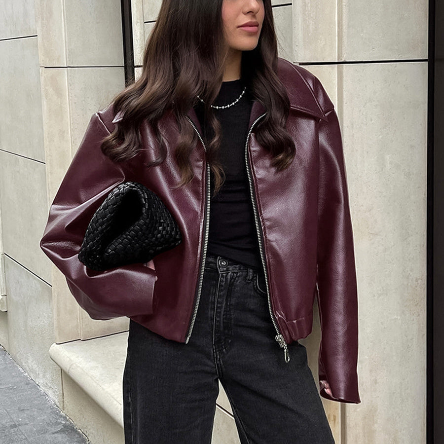Casual Long Sleeve Leather Coat Tops Women Clothing