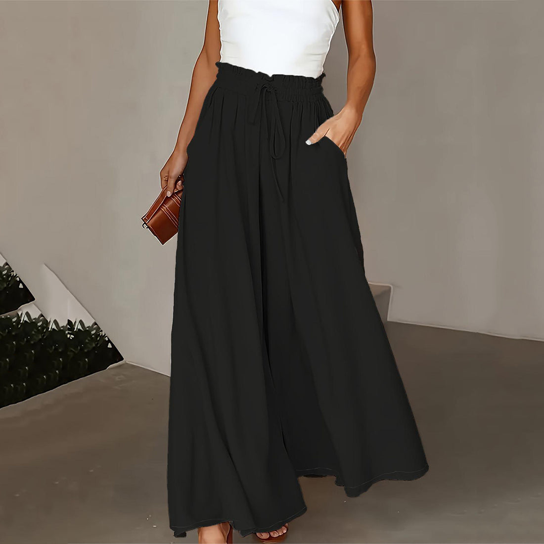 Plus Size Wide Leg Pants - Stylish Solid Paper Bag Waist Design