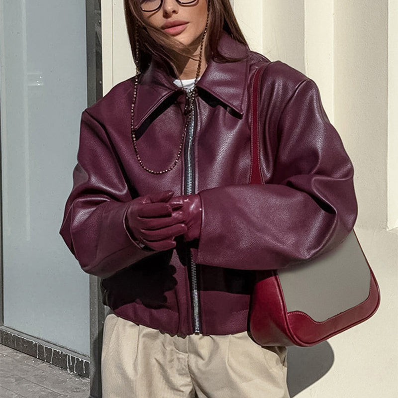 Casual Long Sleeve Leather Coat Tops Women Clothing
