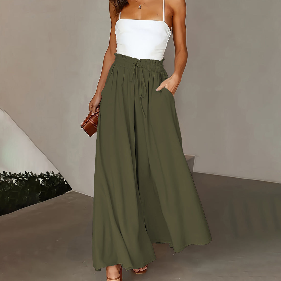 Plus Size Wide Leg Pants - Stylish Solid Paper Bag Waist Design